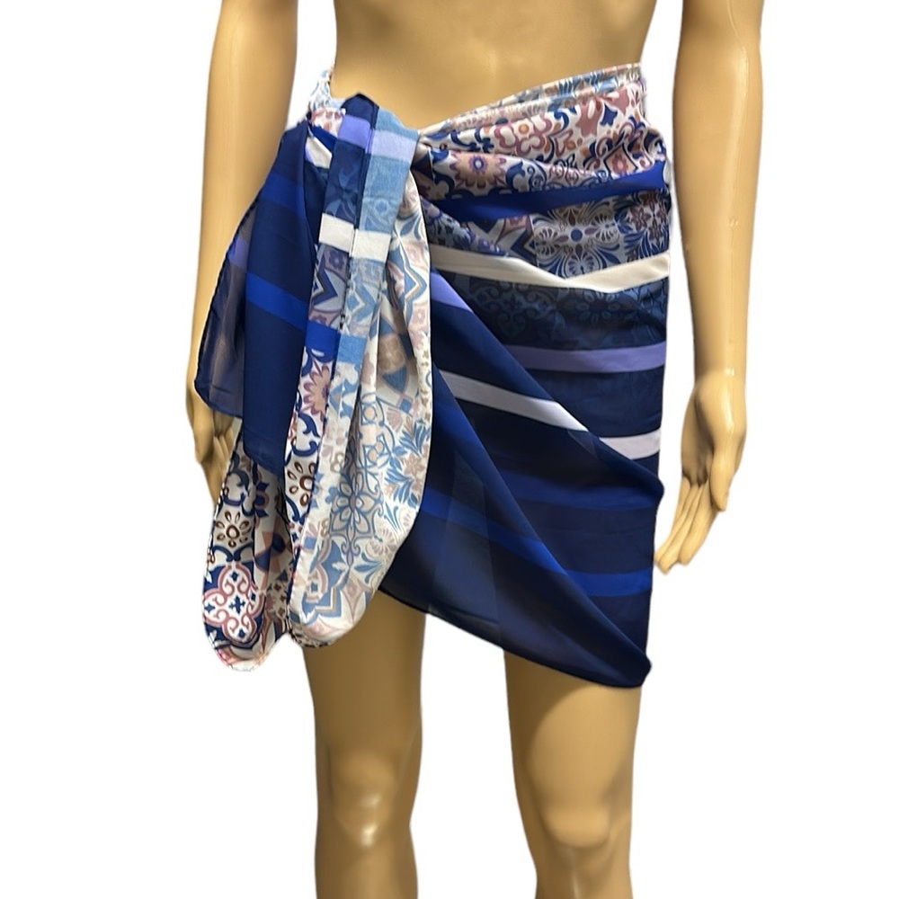 Blue White Long Rectangular Sarong Shawl Blanket Scarf Wrap 27 x 64 Inches